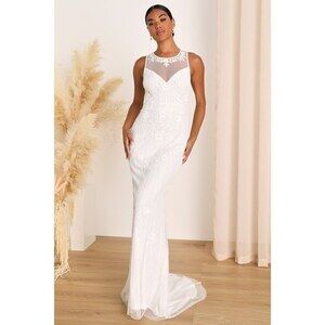 Lulus Modern Fairytale White Mesh Beaded Sequin Mermaid Maxi Wedding Dress, S